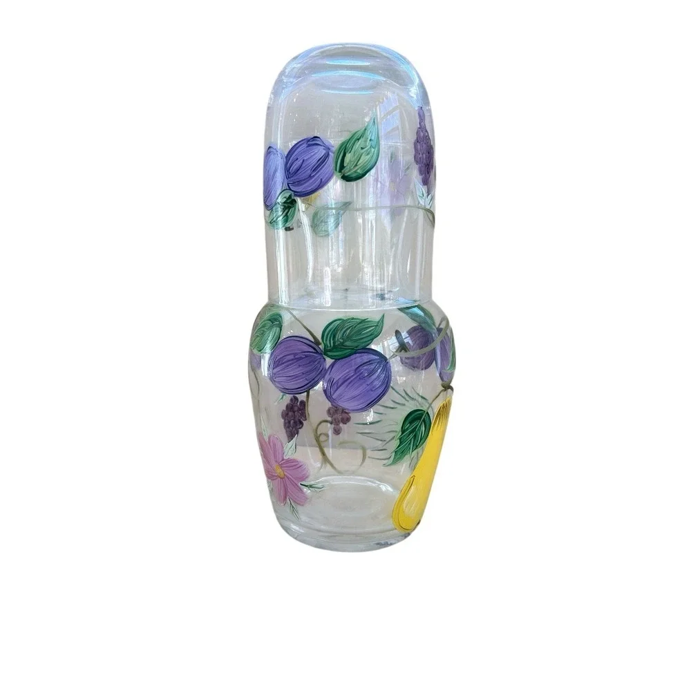 Vintage Hand Painted Floral Tumble Up Glass Bedside Water‎ Carafe Set
